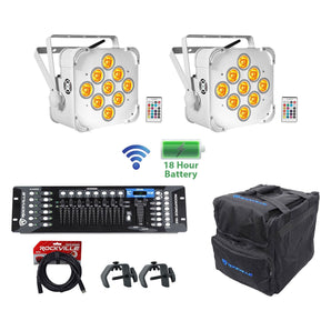 (2) BEST PAR 60 White Rechargeable Wash Lights w/ Wireless DMX+Bag+Controller