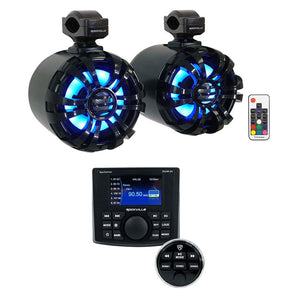 Rockville RGHR-ZA 4 Zone Marine Bluetooth Stereo+2) Black LED Wakeboard Speakers