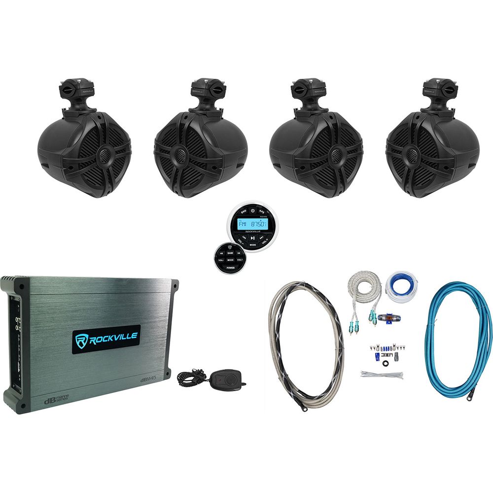 (4) RWB70B 6.5" Marine Wakeboard Swivel Speakers + Amp + Receiver + Wiring Kit
