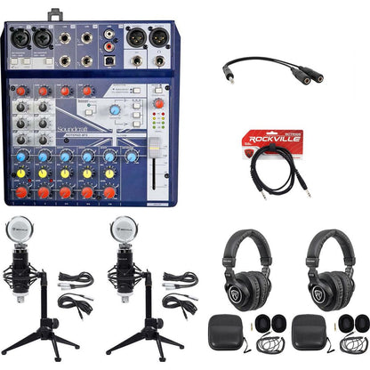 2-Person Podcasting Podcast Bundle with Mixer, Headphones, Mic & Desk Stand