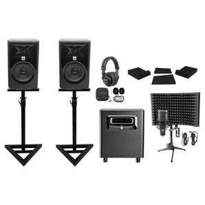 2 JBL 306P MkII 6" Active Studio Monitors+Stands+Subwoofer+Headphones+Mic+Shield
