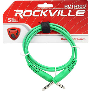 Rockville RCTR103G 3' 1/4'' TRS to 1/4'' TRS Balanced Cable, Green, 100% Copper