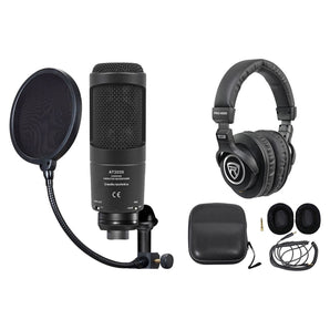 Audio Technica AT2035 Condenser Studio Microphone Mic+Case+Pop Filter+Headphones