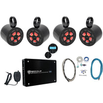 (4) RKL65MBW 6.5" Marine Wakeboard LED Speakers+Black Pods+Amp+Receiver