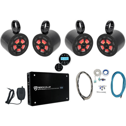 (4) RKL65MBW 6.5" Marine Wakeboard LED Speakers+Black Pods+Amp+Receiver