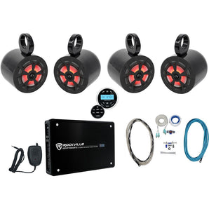 (4) Rockville 6.5" 700w Marine Wakeboard LED Speakers+Receiver+Amplifier+Amp Kit