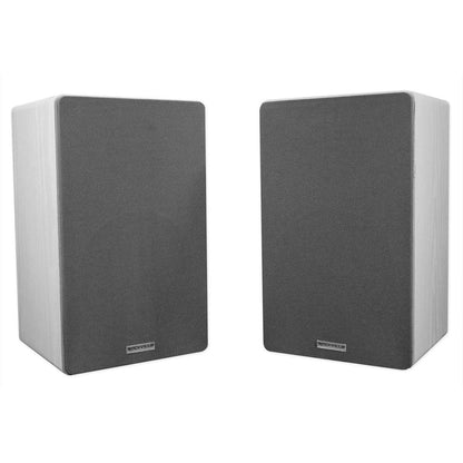 RockShelf 68W White 6.5" Home Bookshelf Speakers + 8" Desktop Stands