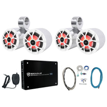 (4) RKL65MBW 6.5" Marine Wakeboard LED Speakers+Dual Silver Pods+Amplifier