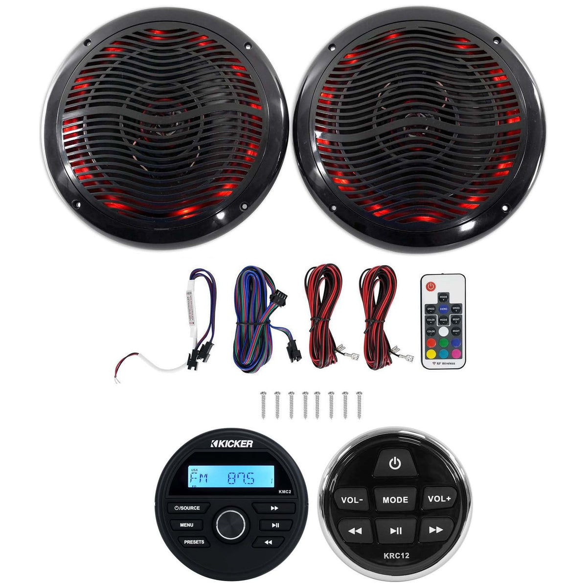 KICKER KMC2 Digital Media Receiver w/Bluetooth+Remote+2) 6.5" Black LED Speakers