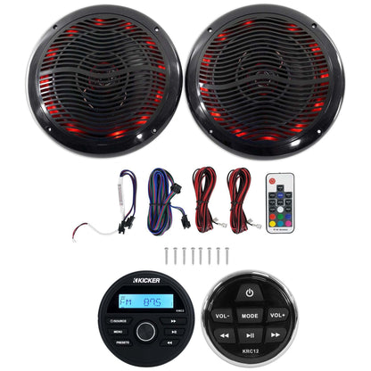 KICKER KMC2 Digital Media Receiver w/Bluetooth+Remote+2) 6.5" Black LED Speakers