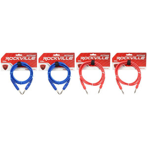 4 Rockville 6' 1/4'' TRS to 1/4'' TRS Cable 100% Copper (2 Red and 2 Blue)