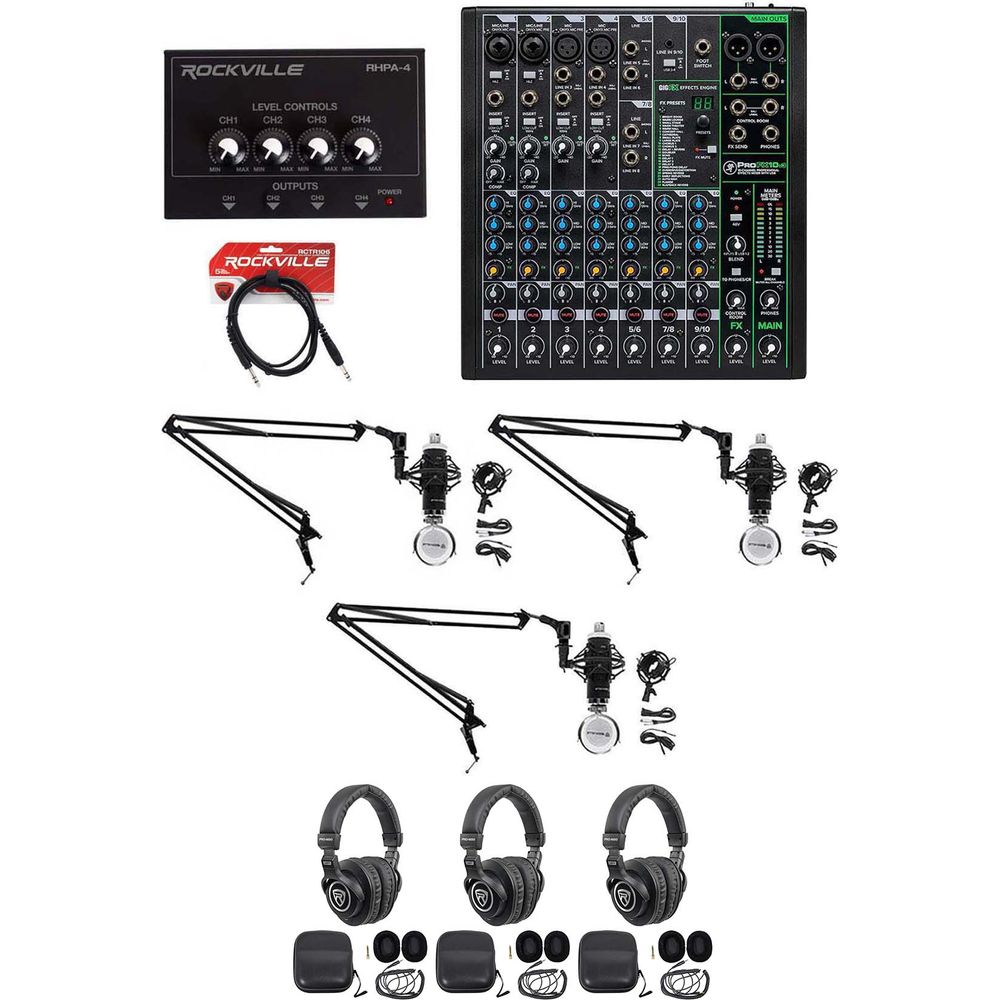 3-Person Podcast Recording Kit with ProFX10 v3 Mixer and Boom Arms