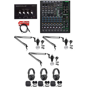 3-Person Podcast Podcasting Recording Kit w/Mackie ProFX10 v3 Mixer+Boom Arms