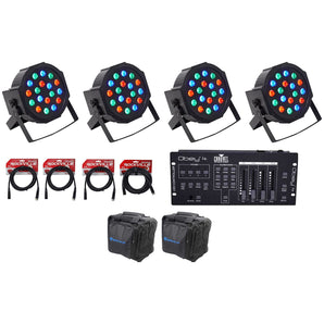 (4) FARENHEIT FHB-118 LED RGB DMX LED PAR Can Wash Lights+Controller+Cables+Bag