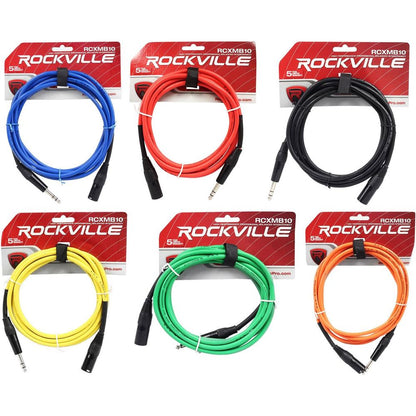 6 10' Male XLR to 1/4" TRS Cables (Black, Blue, Red, Yellow, Green, and Orange)