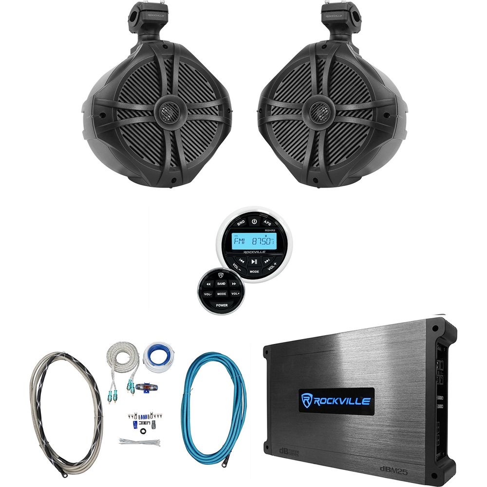 Bluetooth Receiver+8" Black Marine Wakeboard Tower Speakers+Amplifier