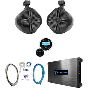 Rockville Bluetooth Receiver+8" Black Marine Wakeboard Tower Speakers+Amplifier