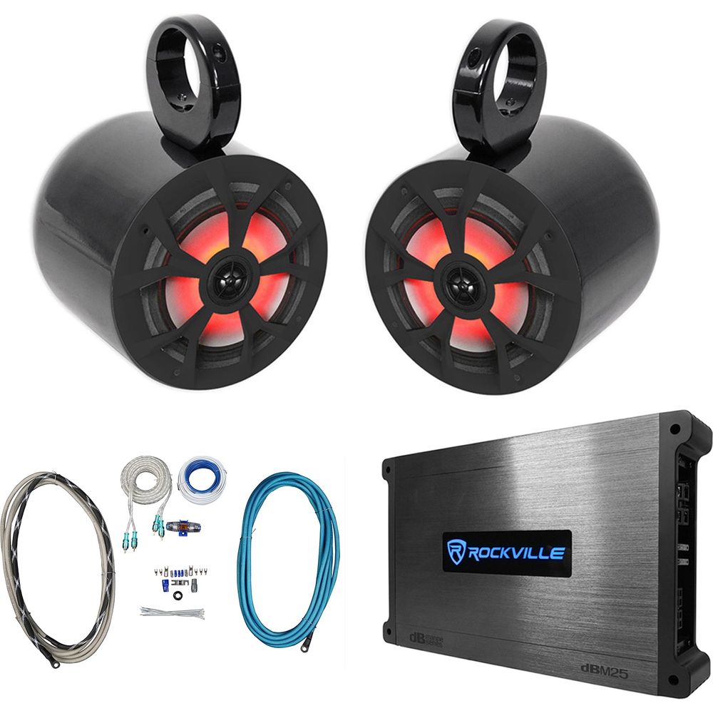 (2) RKL65MBW 6.5" 700w Marine Wakeboard LED Speakers+Amplifier+Amp Kit