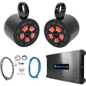 (2) Rockville RKL65MBW 6.5" 700w Marine Wakeboard LED Speakers+Amplifier+Amp Kit