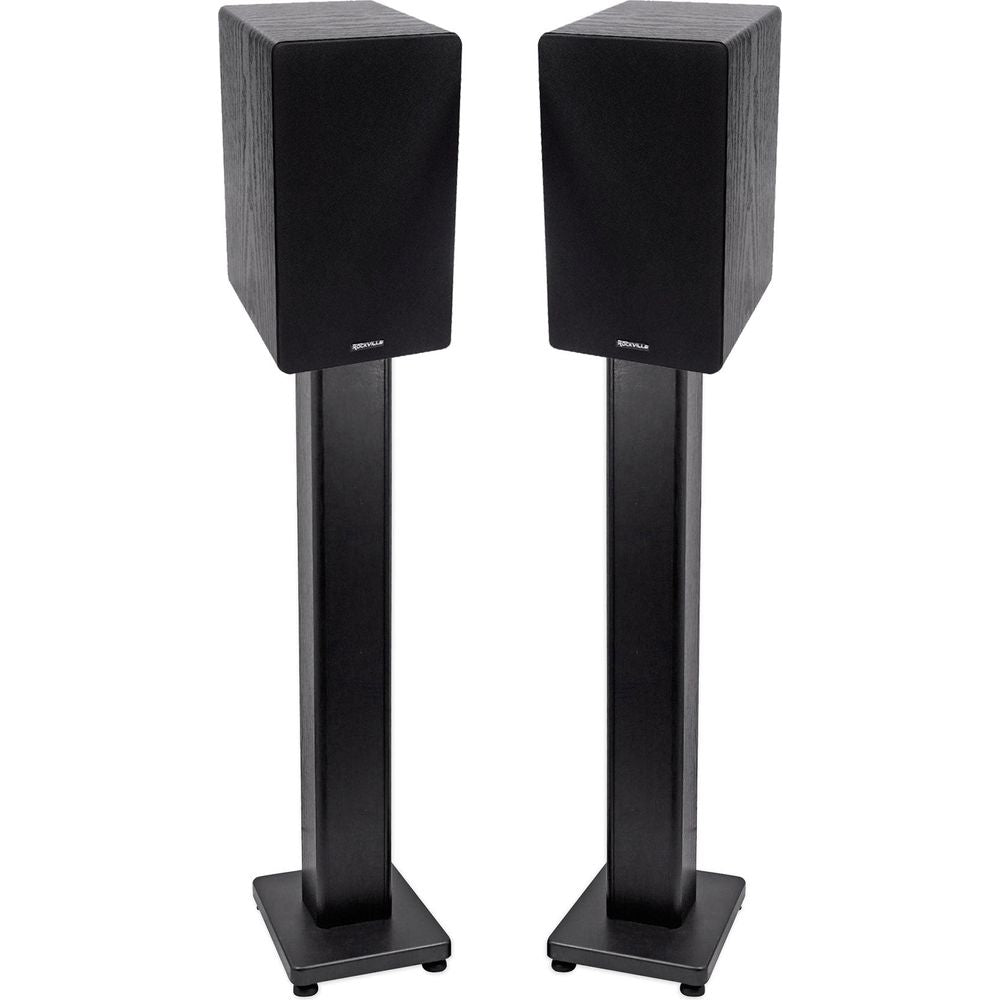 RockShelf 68B Black 6.5" Home Bookshelf Speakers + 36" Stands