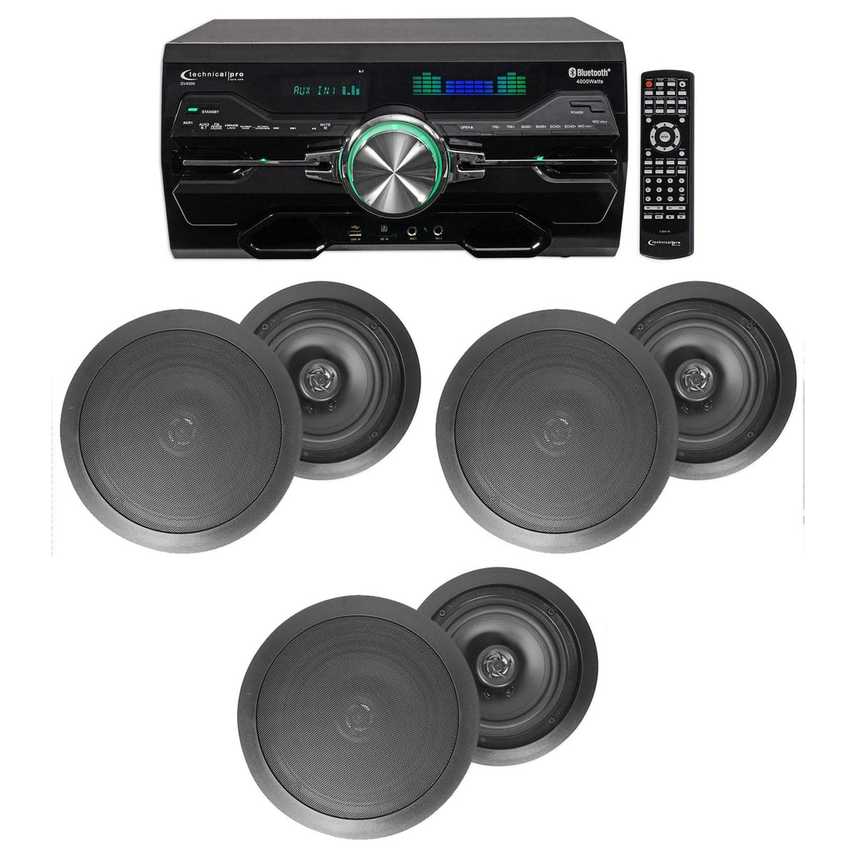 4000W Bluetooth DVD Receiver with (6) 8" Black Ceiling Speakers