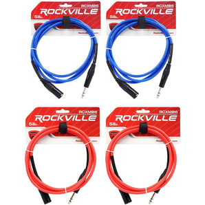 4 Rockville 6' Male REAN XLR to 1/4'' TRS Cable (2 Red and 2 Blue)