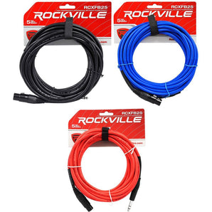 3 Rockville 25' Female Rean XLR to 1/4'' TRS Cables (3 Colors)