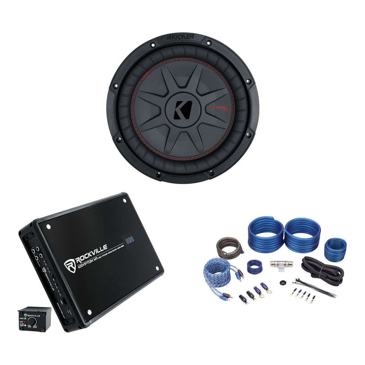 CompRT 800W 10" Shallow Subwoofer + Krypton-M1 Mono Amplifier + RWK41 Amp Kit