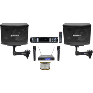 (2) Rockville KPS65 Karaoke Speakers+Bluetooth Amp+Wall Brackets+Wireless Mics + Rockville R14GSBR100 Red/Blk 14 Gauge 100' Ft. Mini Spool Car Audio Speaker Wire