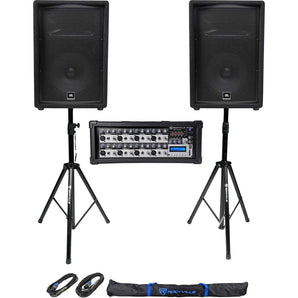 (2) JBL Pro JRX212 12" 2000w PA/DJ Speakers+Powered Mixer w/Bluetooth+Stands