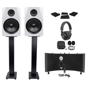 Pair Rockville DPM8W 8" 600w Active Studio Monitors+Stands+Headphones+Mic+Shield