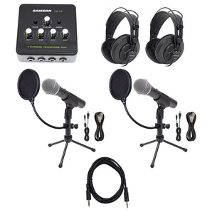 Samson Podcast Podcasting Bundle w/(2) Mics+Stands+Headphones+Amplifier