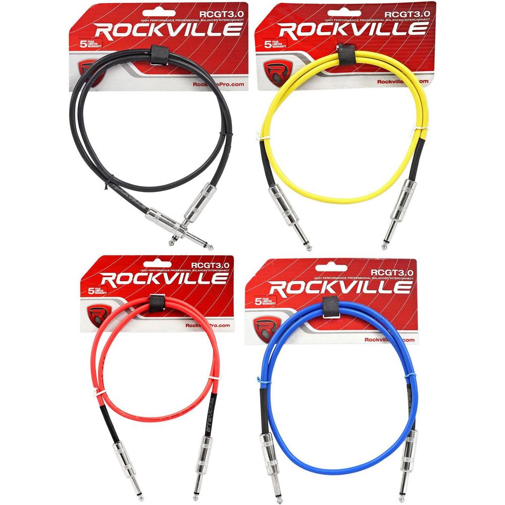 4 Rockville 3' 1/4" TS to 1/4" TS Guitar/Audio Cable (4 Colors)