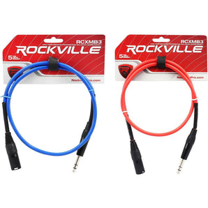 2 Rockville 3' Male REAN XLR to 1/4'' TRS Balanced Cable (Red and Blue)