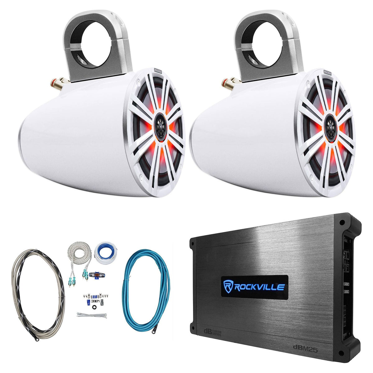 KM8 8" 600W Wakeboard Tower Speakers, White Enclosures & Amplifier