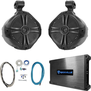 (2) Rockville RWB90B 8" Black 600w Marine Wakeboard Tower Speakers+Amplifier+Kit