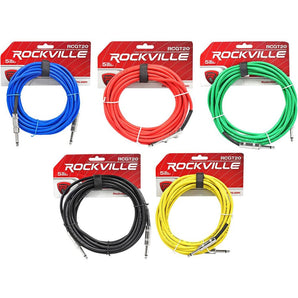 5 Rockville 20'  1/4" TS to 1/4'' TS Guitar/Instrument Cable (5 Colors)