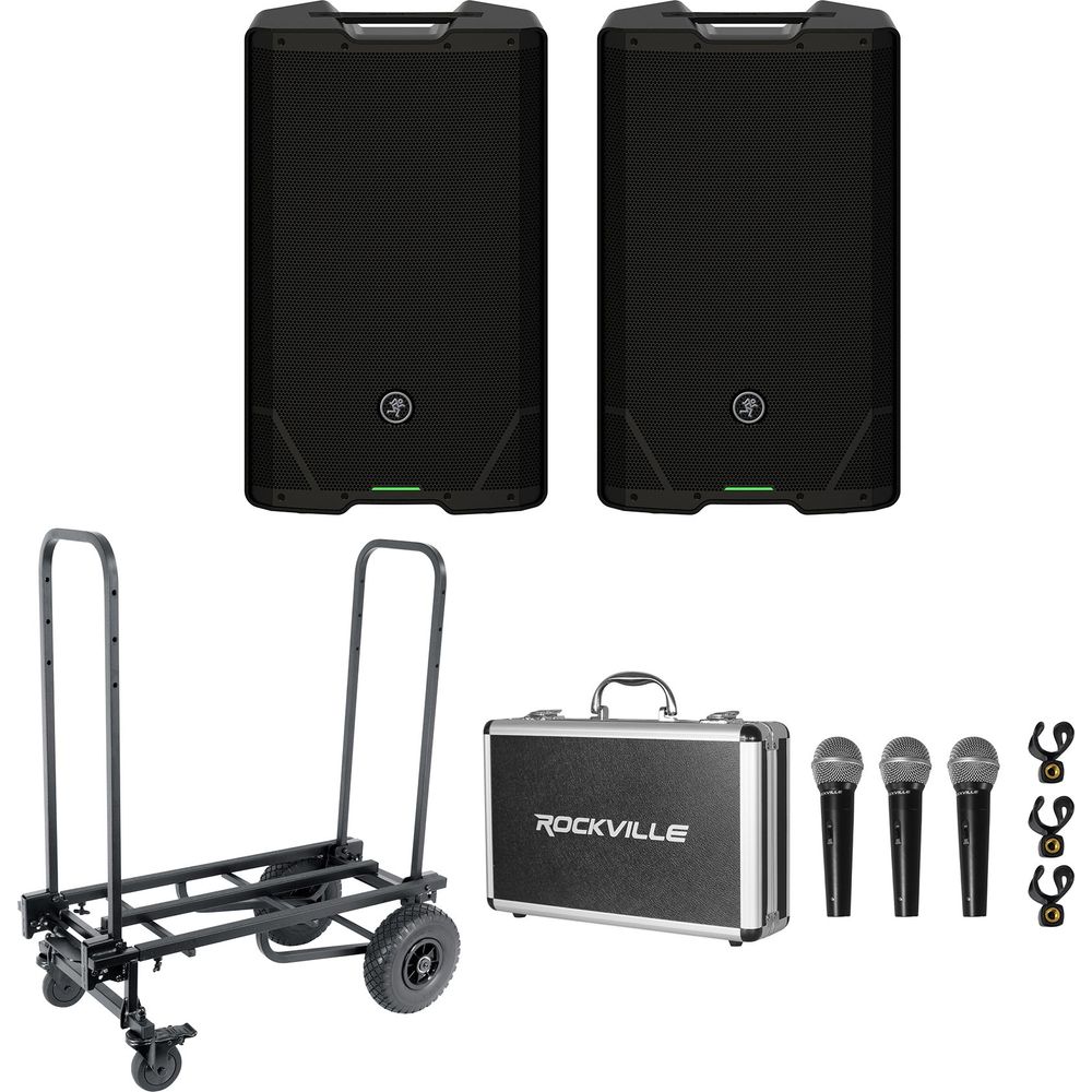 (2) SRT215 1600W 15in PA Speaker Bundle with Transport Cart & 3 Mics