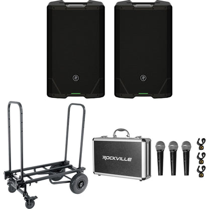 (2) SRT215 1600W 15in PA Speaker Bundle with Transport Cart & 3 Mics