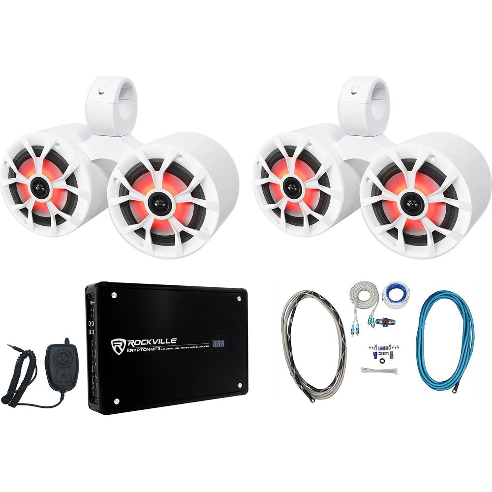 (4) RKL65MBW 6.5" Marine Wakeboard LED Speakers+Dual White Pods+Amplifier