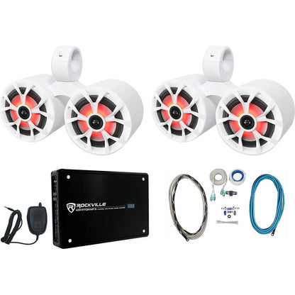 (4) RKL65MBW 6.5" Marine Wakeboard LED Speakers+Dual White Pods+Amplifier