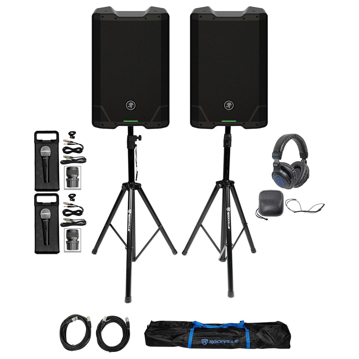 (2) SRT210 1600W 10in PA Speaker Bundle with Stands, Headphones & 2 Mics