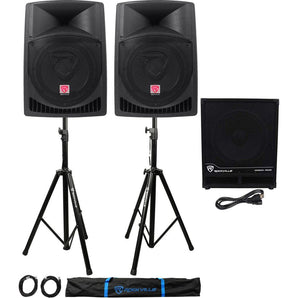 (2) Rockville RPG12 12" Powered PA Speakers+Active 15" Subwoofer+Stands+Cables