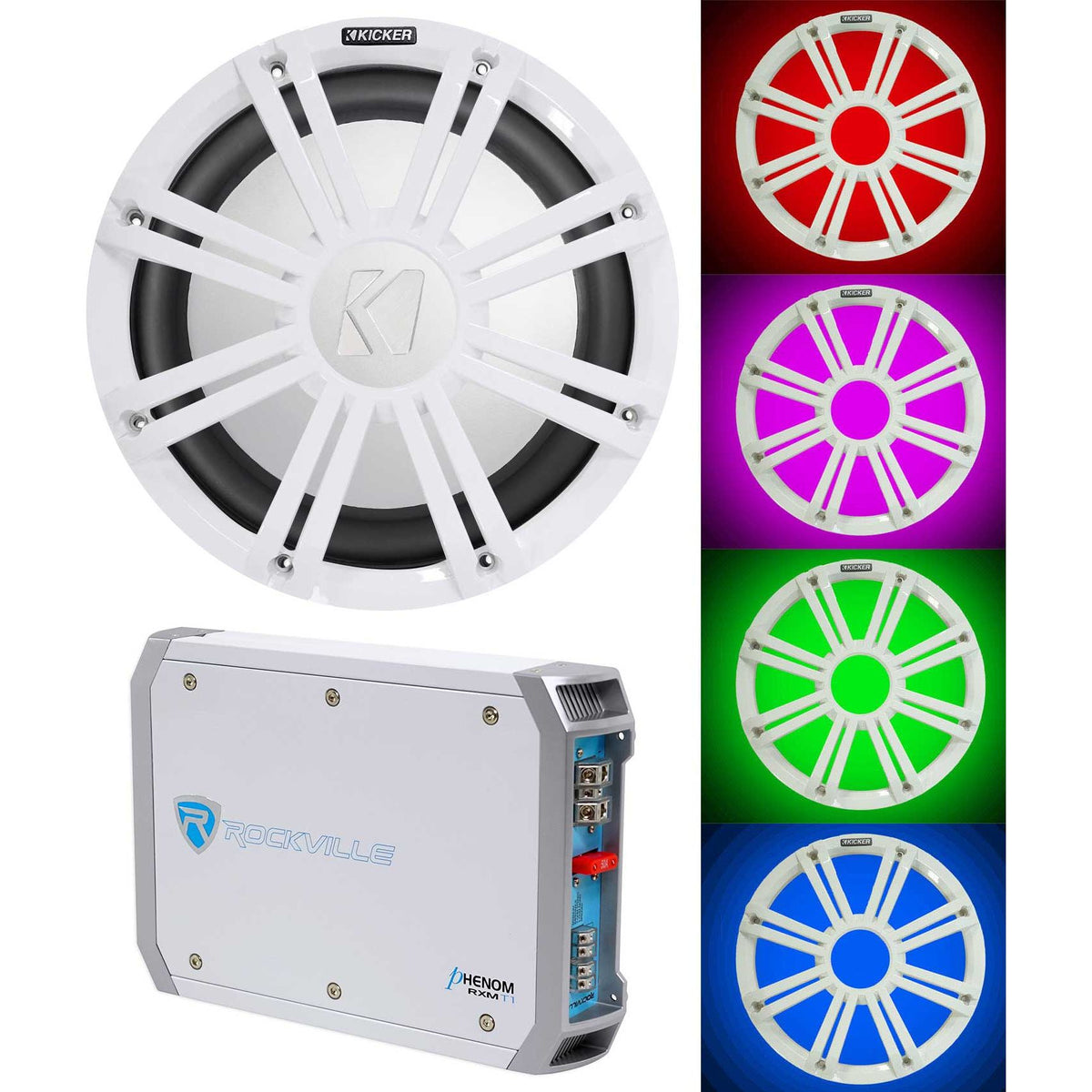 45KM104 10" Marine Subwoofer, Amplifier & White LED Grille Bundle