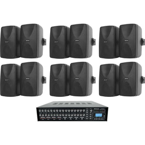 (12) 5.25" Black Wall Speakers+Multi Room Amp For Restaurant/Office/Cafe/Bar