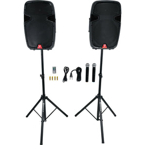 Rockville RAMSYS15 Pair 15" Battery Powered PA Speakers+Stands+Wireless Mics