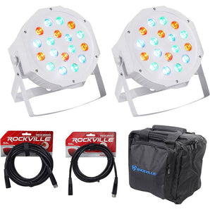 (2) Rockville RockPAR50 WHT LED RGB Par Can DJ/Club DMX Wash Lights+Bags+Cables