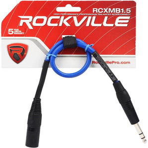 Rockville RCXMB1.5BL 1.5' Male REAN XLR to 1/4'' TRS Cable Blue 100% Copper