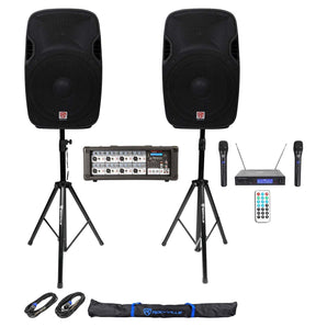 Rockville Karaoke System w/(2) 15" Speakers+Bluetooth Mixer+Stands+Wireless Mics