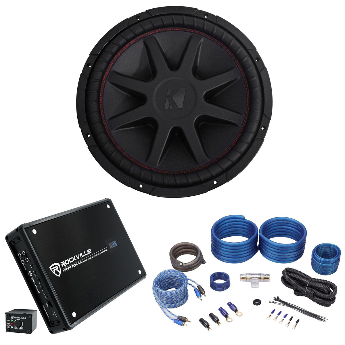 43CVR152 CompVR 15" Subwoofer, KRYPTON-M1 Mono Amplifier & RWK41 Wire Kit